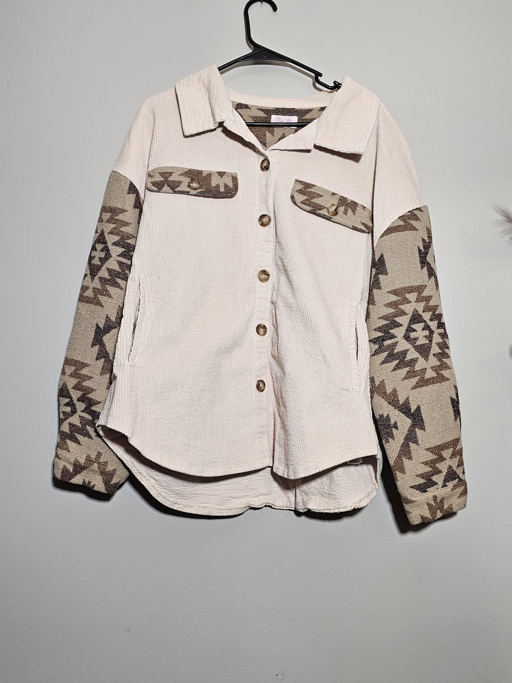 Pink Lily Beige & Brown Aztec Sleeve Utility Jacket